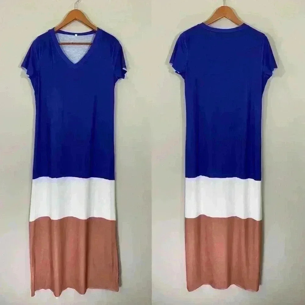 Blue, white and copper raw edge maxi dress